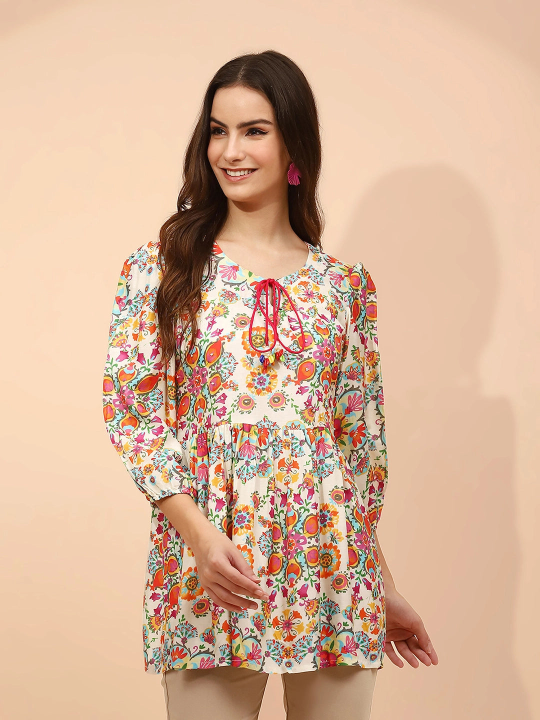 Multicolor Floral Printed Muslin Regular Fit Tunic