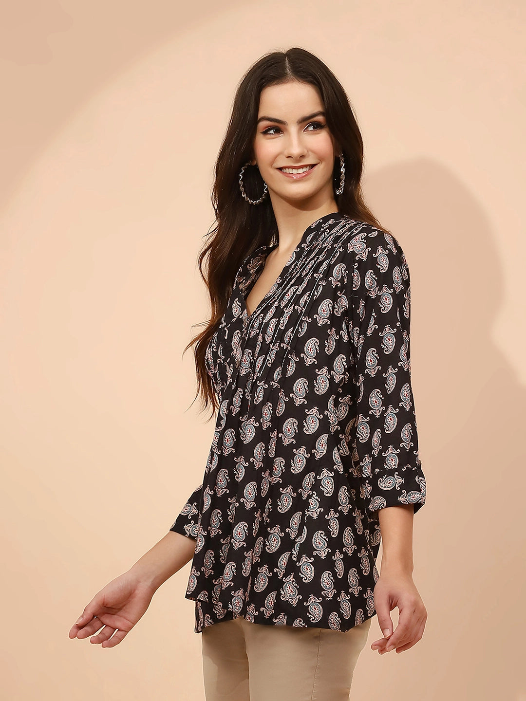 Black Cotton Regular Fit Tunic For Women