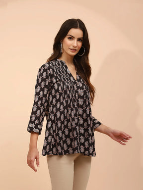 Black Cotton Regular Fit Tunic For Women