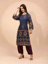 Navy Blue Muslin Regular Fit Long Tunic Set For Women