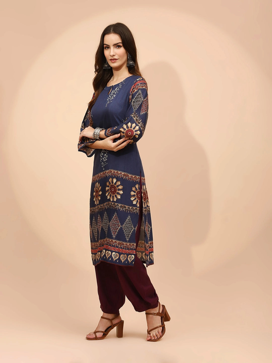 Navy Blue Muslin Regular Fit Long Tunic Set For Women