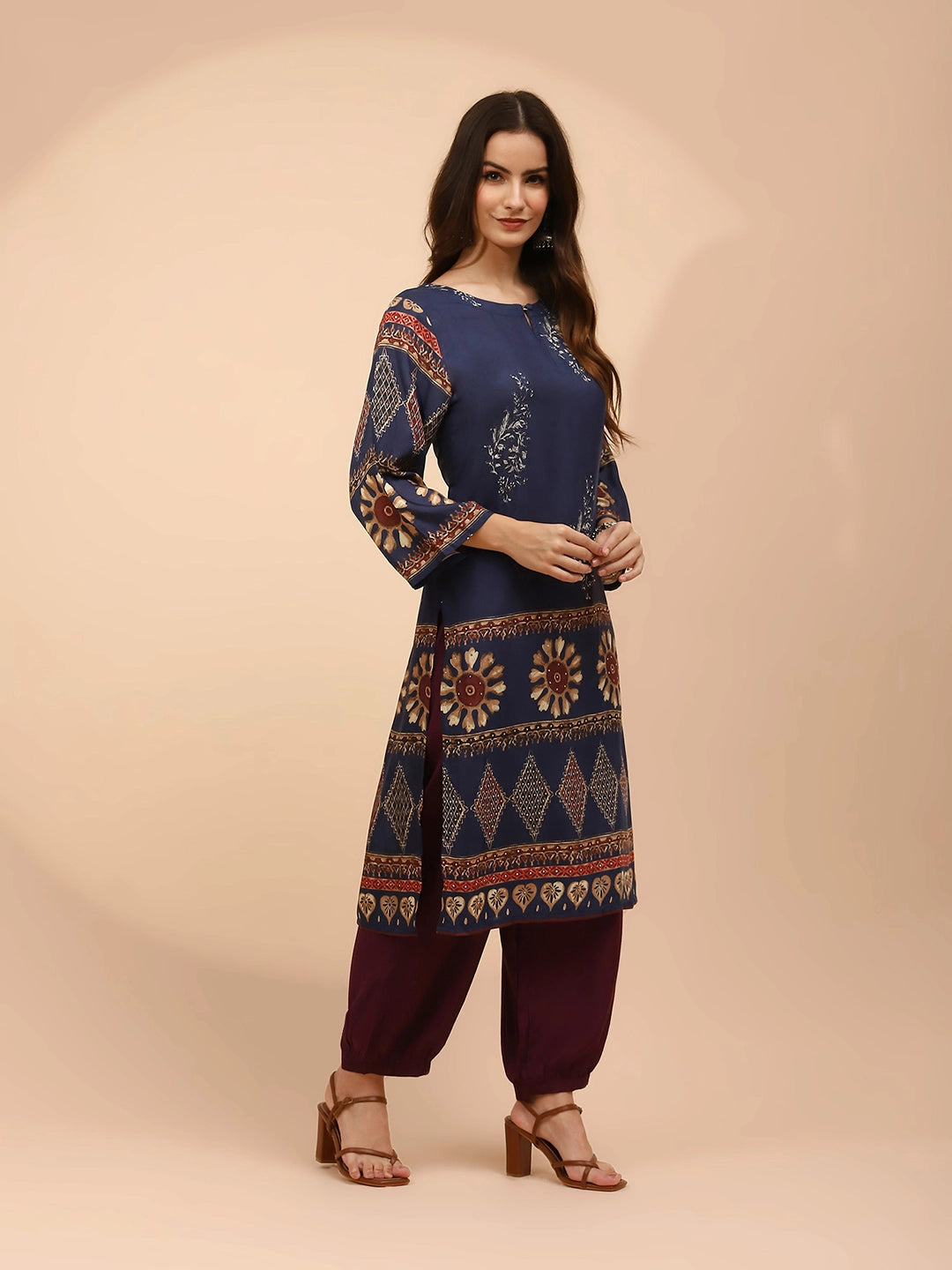 Navy Blue Muslin Regular Fit Long Tunic Set For Women