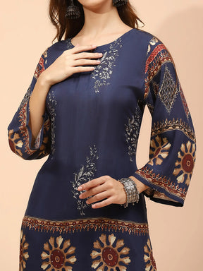 Navy Blue Muslin Regular Fit Long Tunic Set For Women