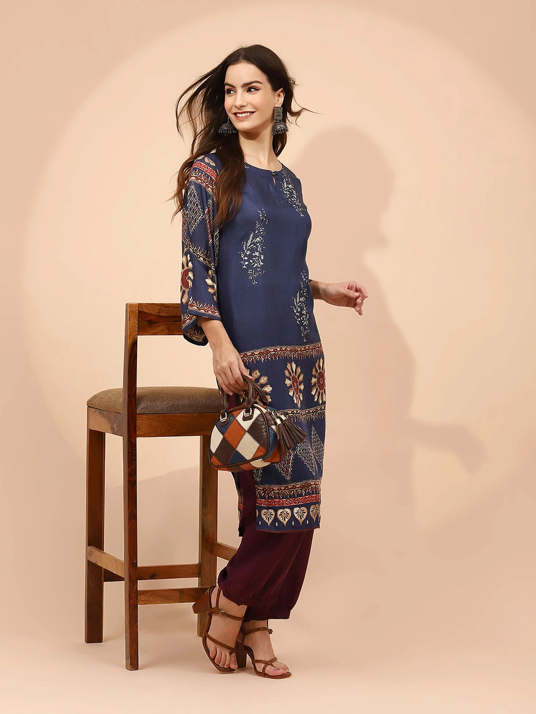 Navy Blue Muslin Regular Fit Long Tunic Set For Women