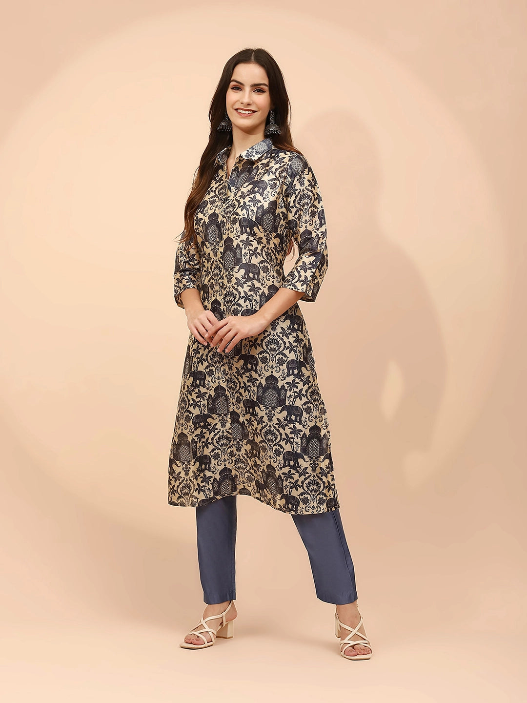 Blue And Cream Bnarasi Silk Regular Fit Long Tunic Set For Women