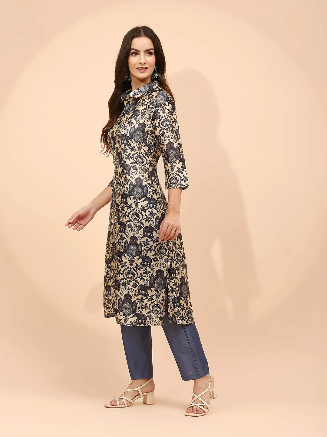 Blue And Cream Bnarasi Silk Regular Fit Long Tunic Set For Women