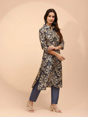 Blue And Cream Bnarasi Silk Regular Fit Long Tunic Set For Women