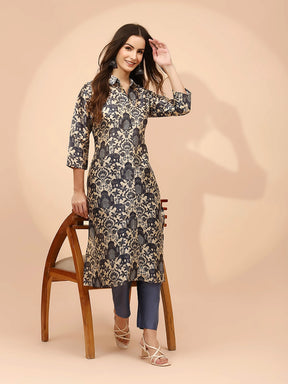 Blue And Cream Bnarasi Silk Regular Fit Long Tunic Set For Women