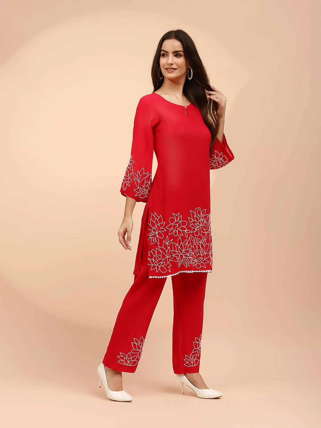 Dark Pink Rayon Regular Fit Long Tunic Set For Women