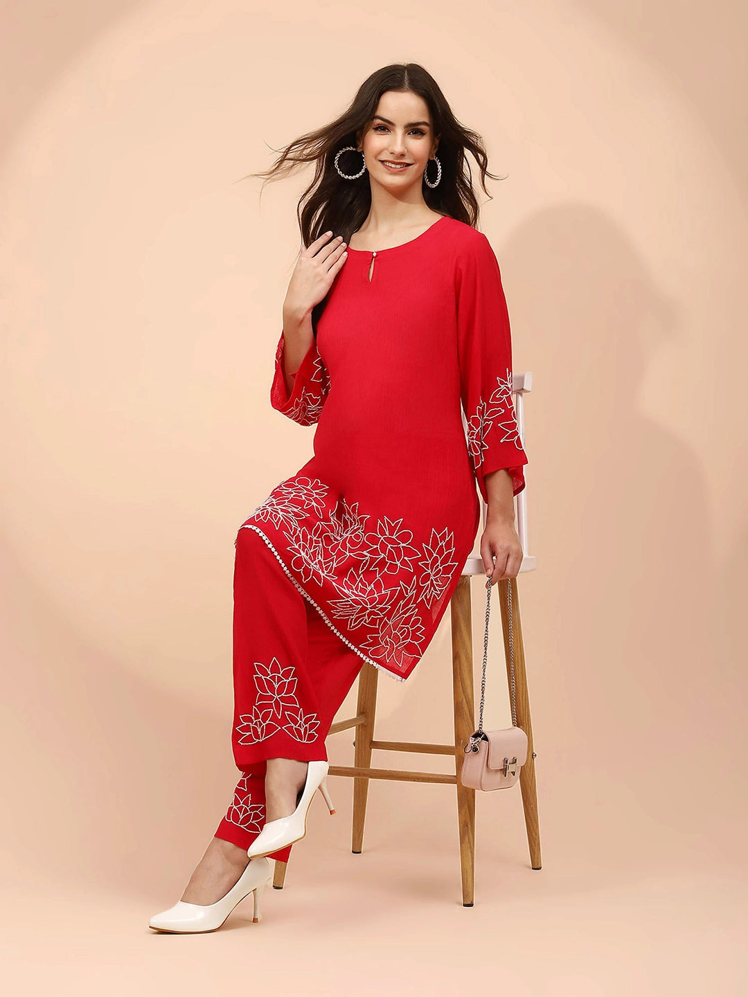 Dark Pink Rayon Regular Fit Long Tunic Set For Women