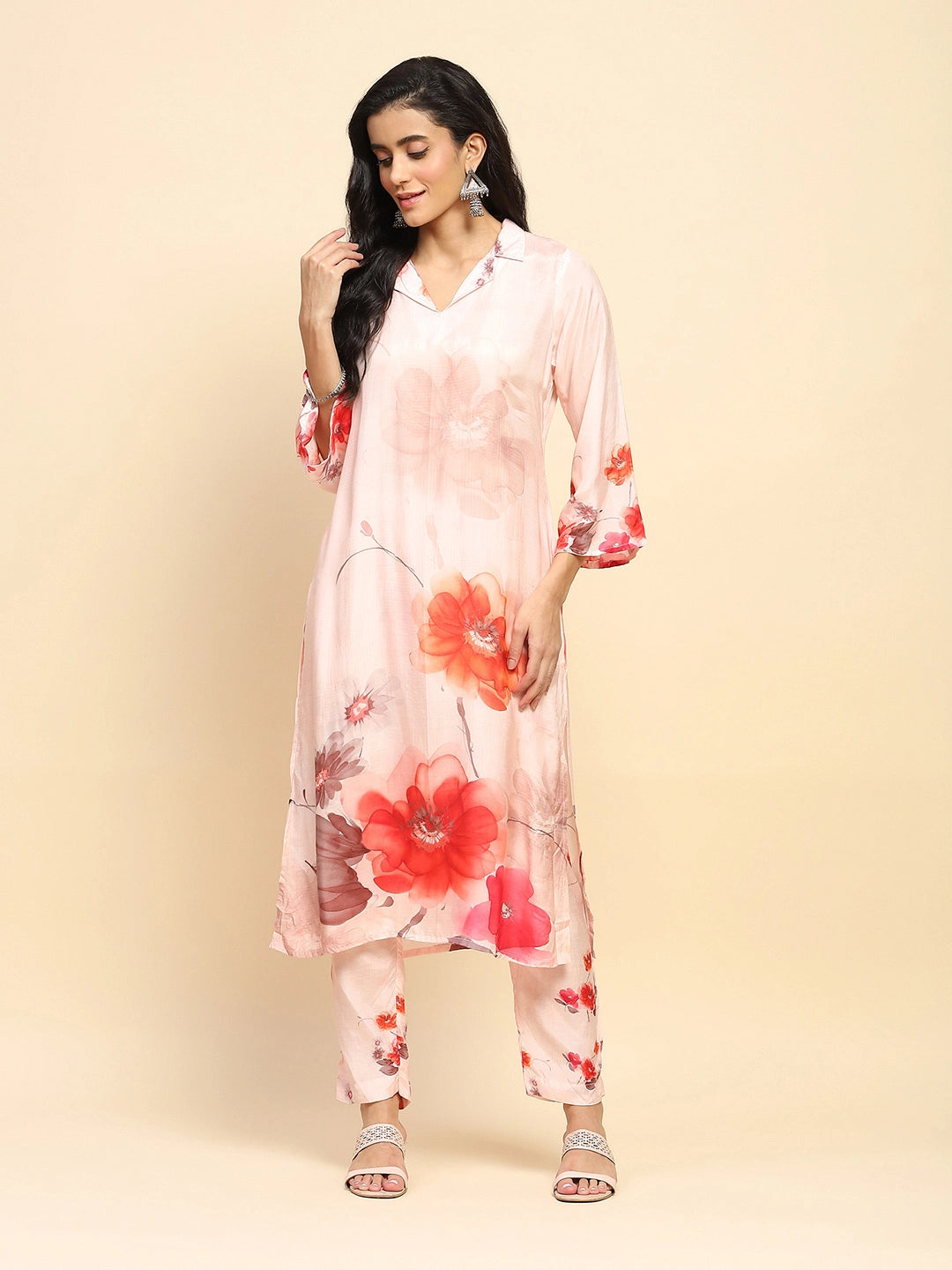 Peach Watercolor Floral Muslin Long Tunic Set