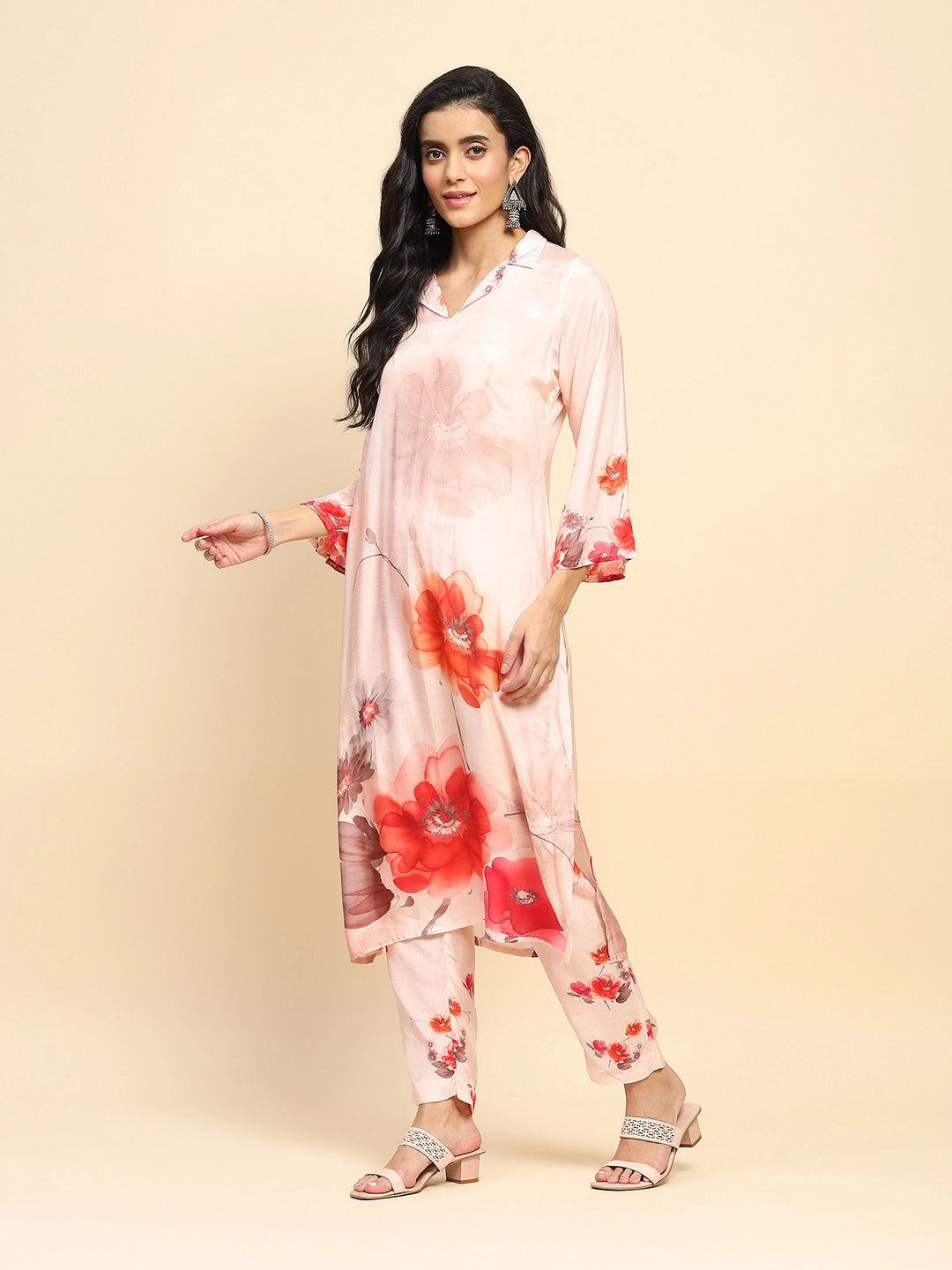 Peach Watercolor Floral Muslin Long Tunic Set