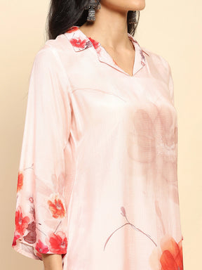 Peach Muslin Regular Fit Long Tunic Set For Women