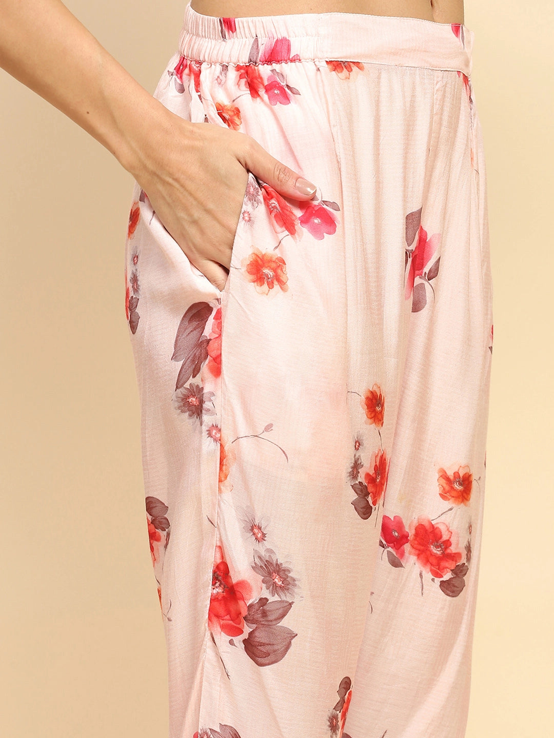 Peach Muslin Regular Fit Long Tunic Set For Women