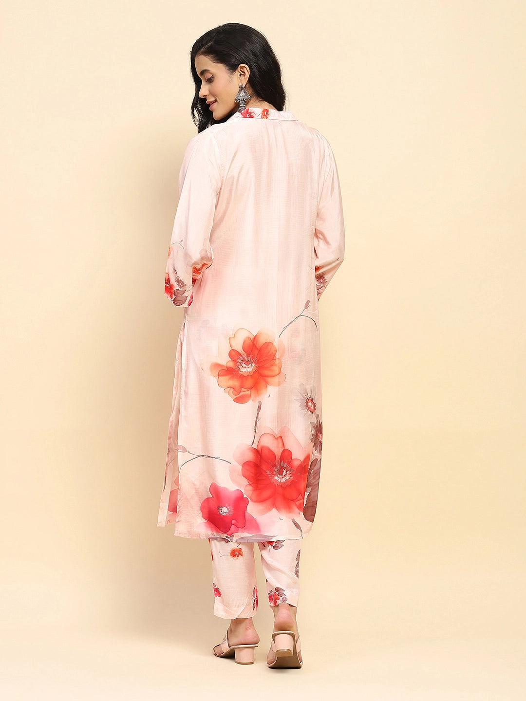 Peach Muslin Regular Fit Long Tunic Set For Women