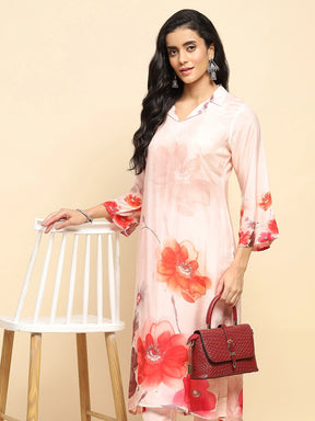 Peach Muslin Regular Fit Long Tunic Set For Women