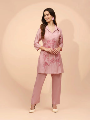 Pink Muslin Regular Fit Long Tunic Set For Women