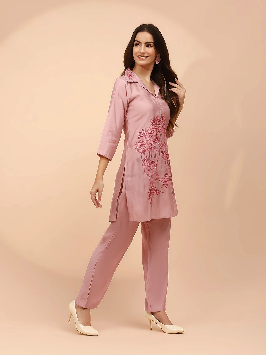 Pink Muslin Regular Fit Long Tunic Set For Women