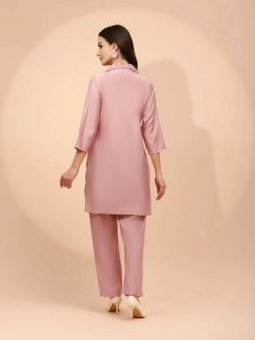 Pink Muslin Regular Fit Long Tunic Set For Women