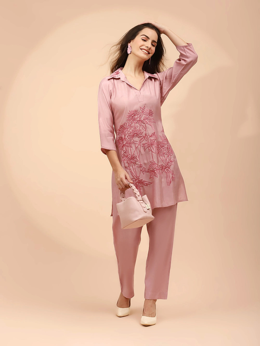 Pink Muslin Regular Fit Long Tunic Set For Women