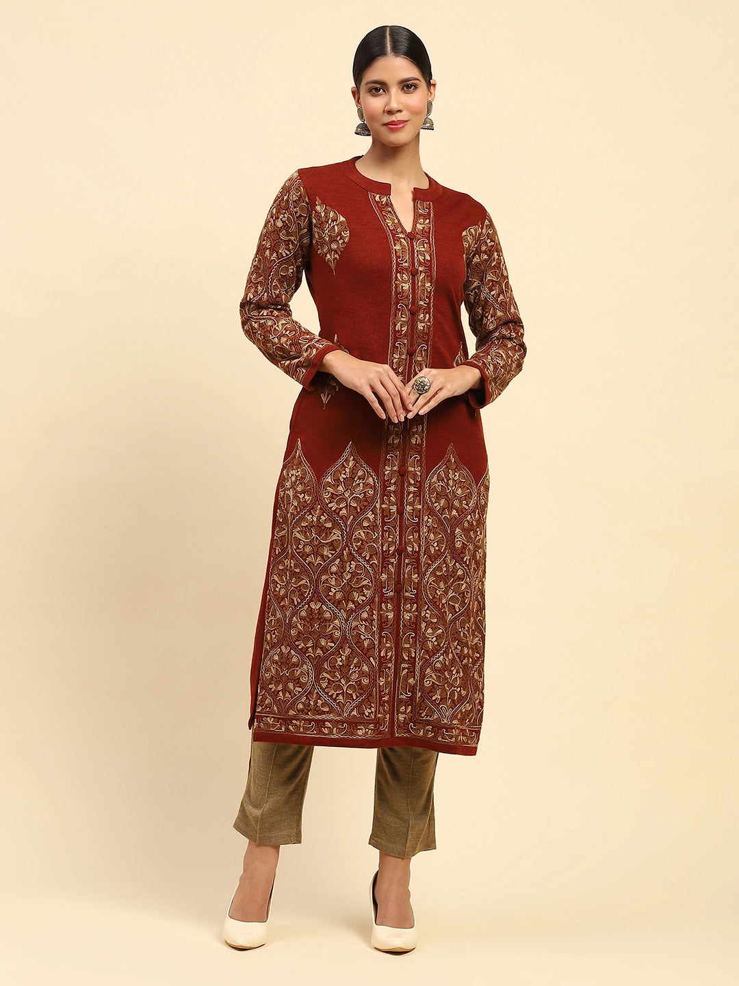 Rust Woolen Thread Embroidered Notch Neck Kurta