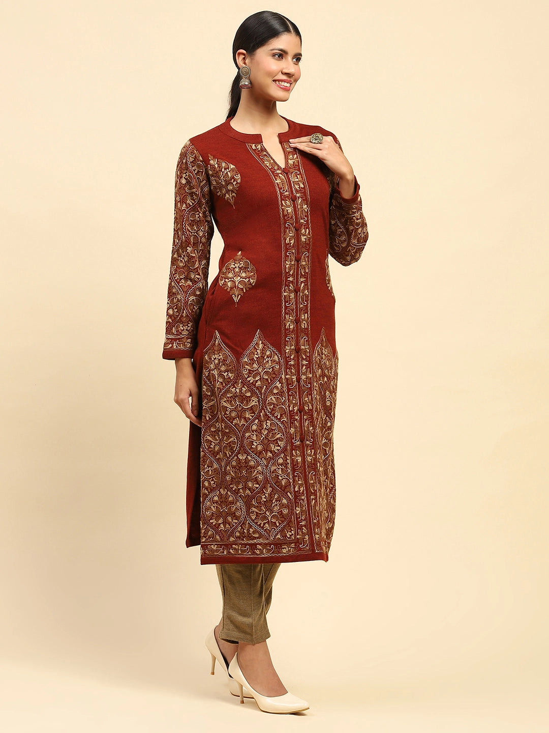 Rust Woolen Thread Embroidered Notch Neck Kurta