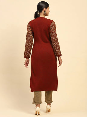 Rust Woolen Thread Embroidered Notch Neck Kurta