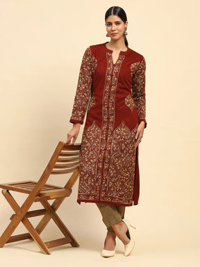 Rust Woolen Thread Embroidered Notch Neck Kurta