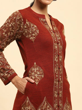 Rust Woolen Thread Embroidered Notch Neck Kurta