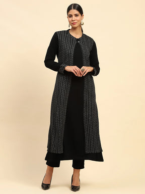 Black Woolen Knitted Layered Round Neck Button Kurta