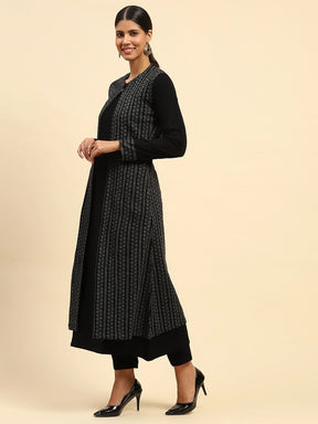 Black Woolen Knitted Layered Round Neck Button Kurta