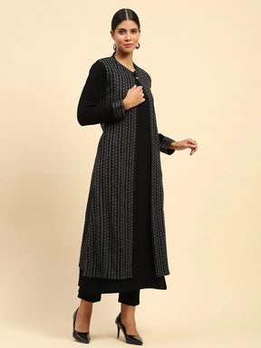 Black Woolen Knitted Layered Round Neck Button Kurta