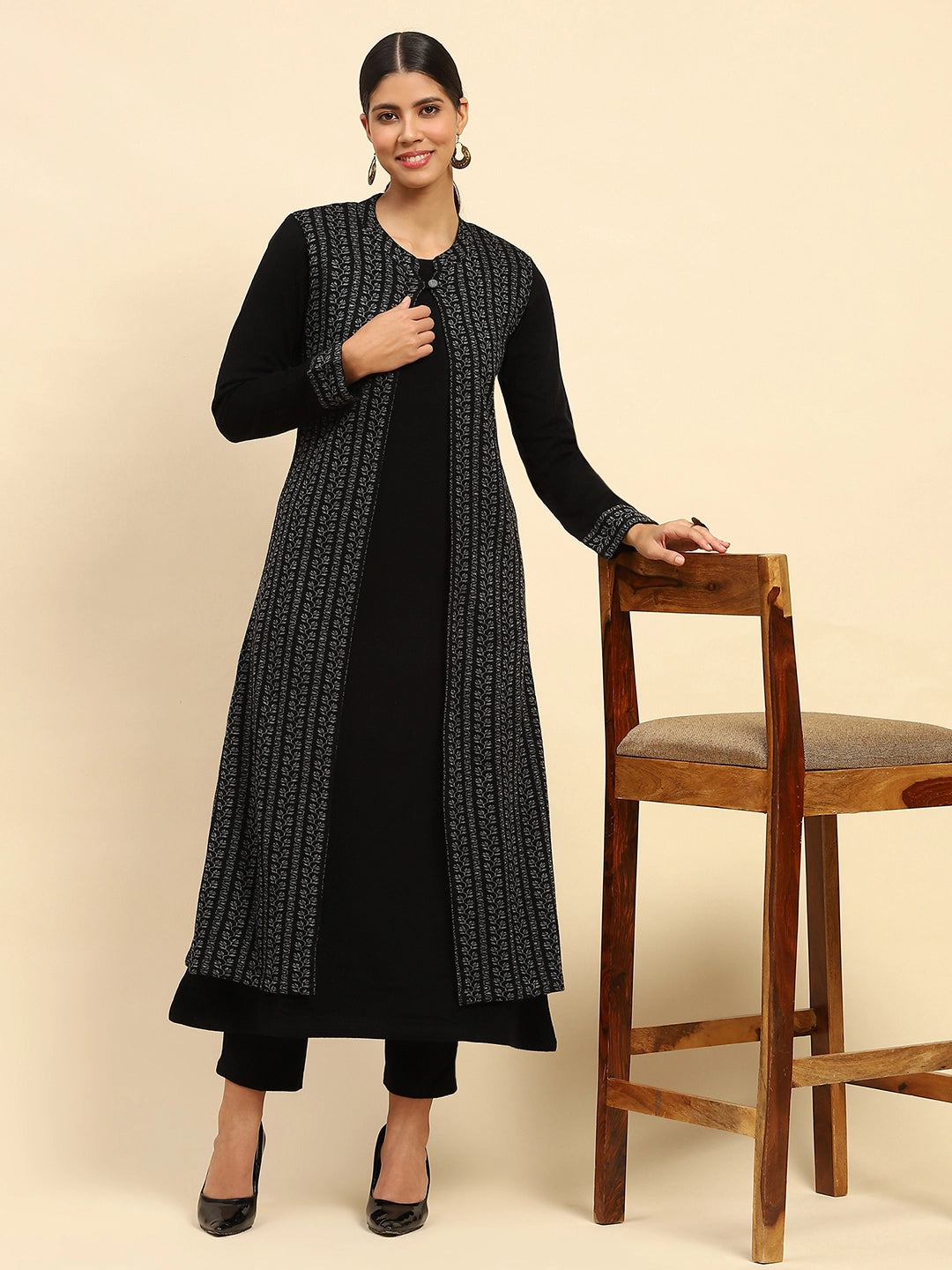 Black Woolen Knitted Layered Round Neck Button Kurta