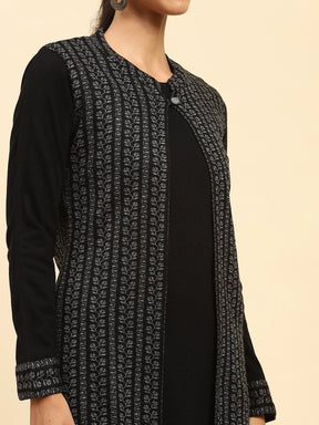 Black Woolen Knitted Layered Round Neck Button Kurta