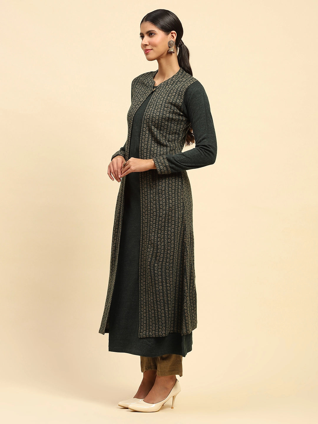 Olive Woolen Knitted Layeredd Round Neck Button Kurta