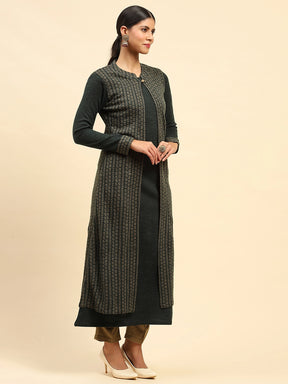 Olive Woolen Knitted Layeredd Round Neck Button Kurta