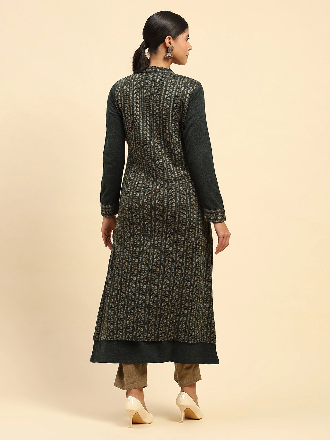 Olive Woolen Knitted Layeredd Round Neck Button Kurta