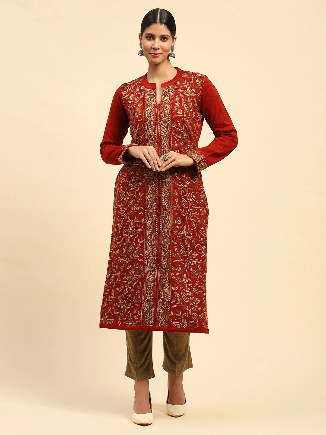 Rust WoolenThread Embroidered Notch Neck Kurta