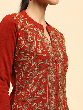 Rust WoolenThread Embroidered Notch Neck Kurta