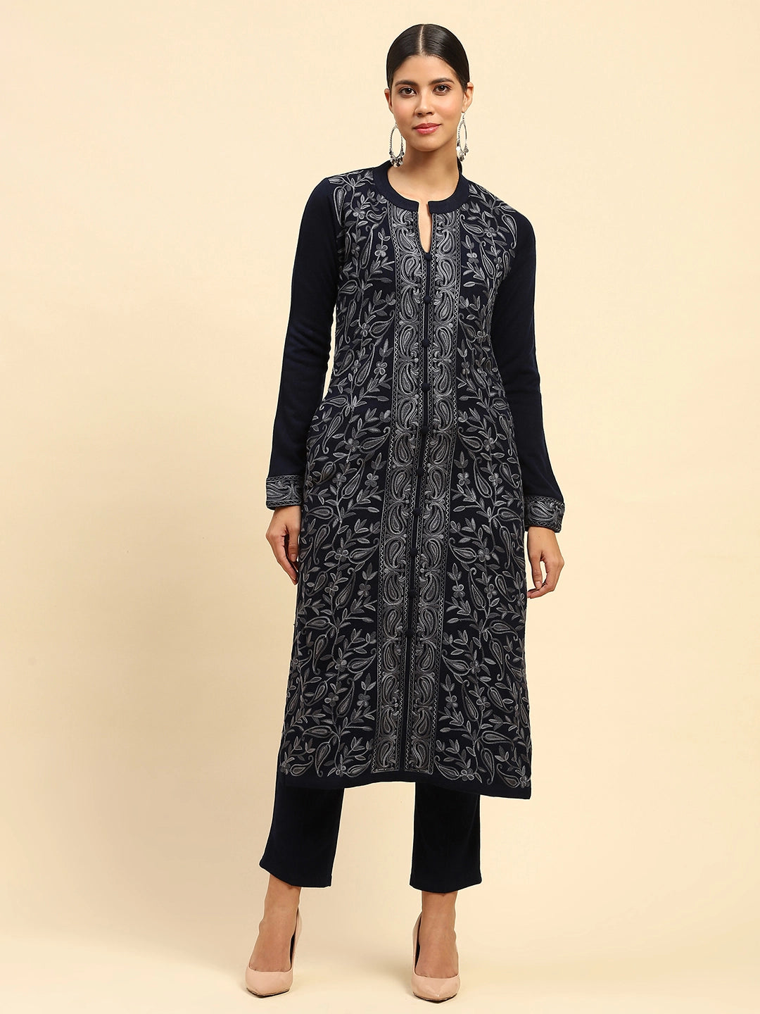 Navy Blue Woolen Thread Embroidered Notch Neck Kurta