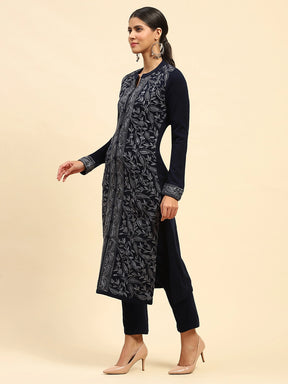 Navy Blue Woolen Thread Embroidered Notch Neck Kurta