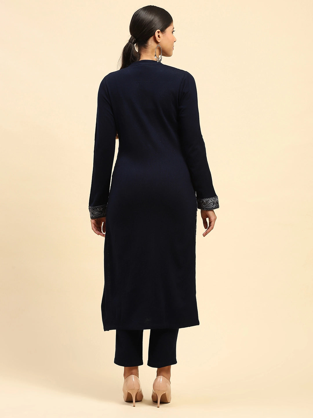 Navy Blue Woolen Thread Embroidered Notch Neck Kurta