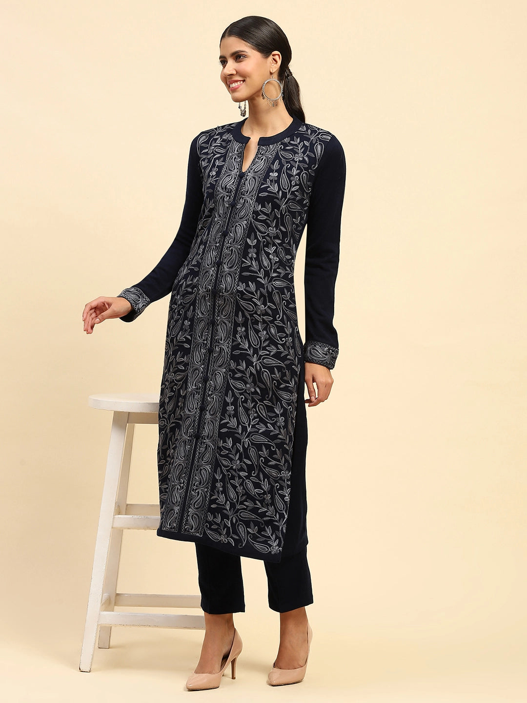 Navy Blue Woolen Thread Embroidered Notch Neck Kurta