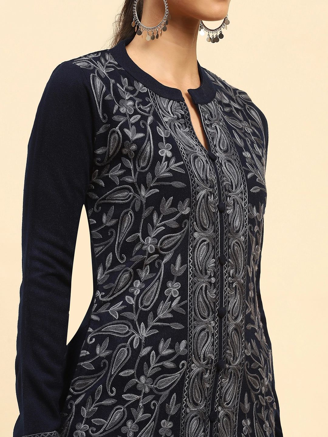 Navy Blue Woolen Thread Embroidered Notch Neck Kurta