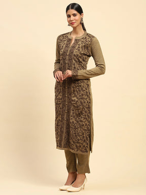 Beige Woolen Thread Embroidered Notch Neck Kurta