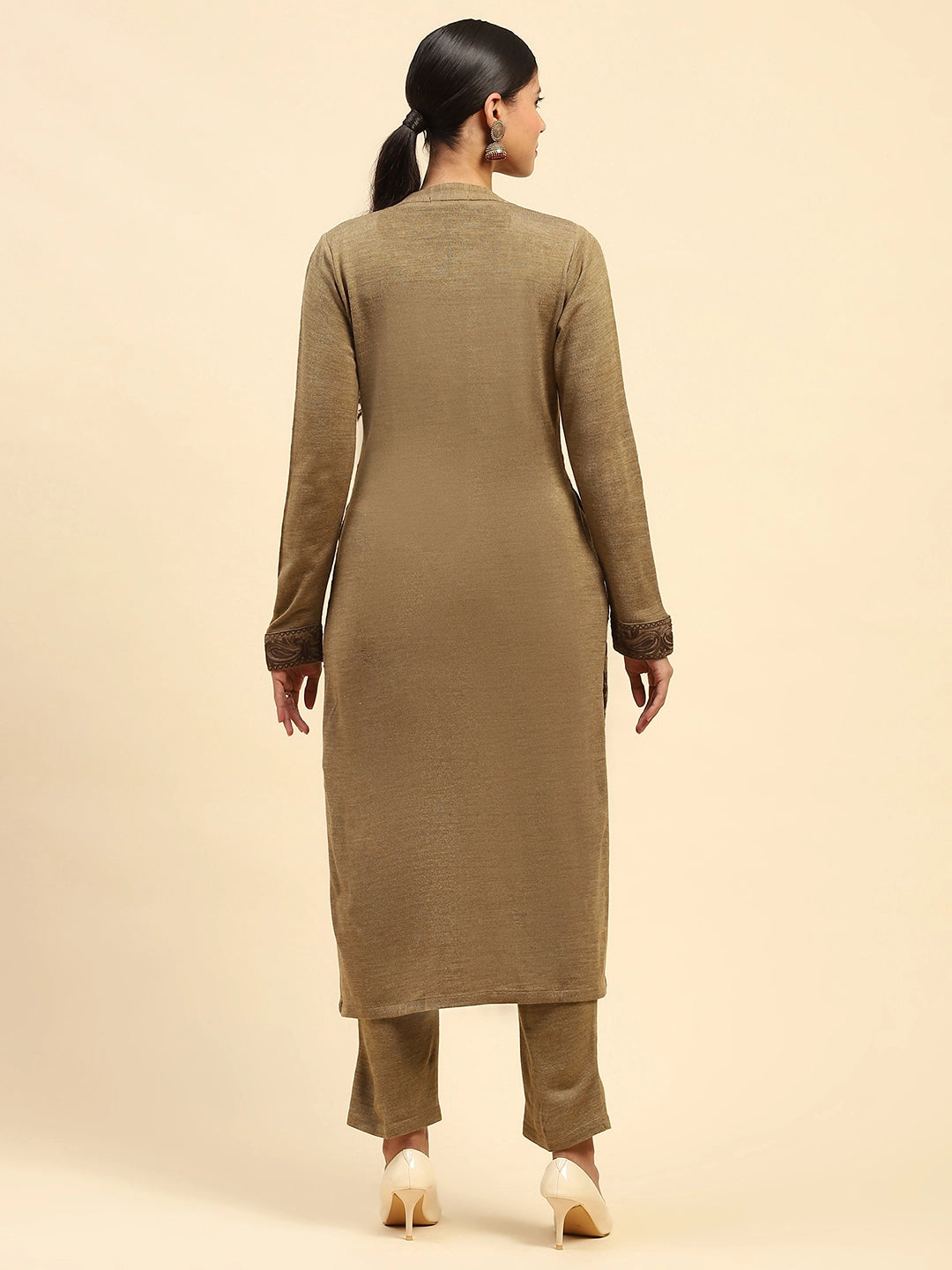 Beige Woolen Thread Embroidered Notch Neck Kurta