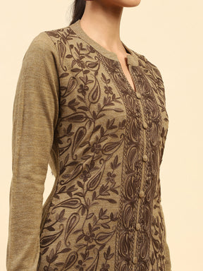 Beige Woolen Thread Embroidered Notch Neck Kurta