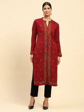 Carrot Orange WoolenThread Embroidered Notch Neck Kurta