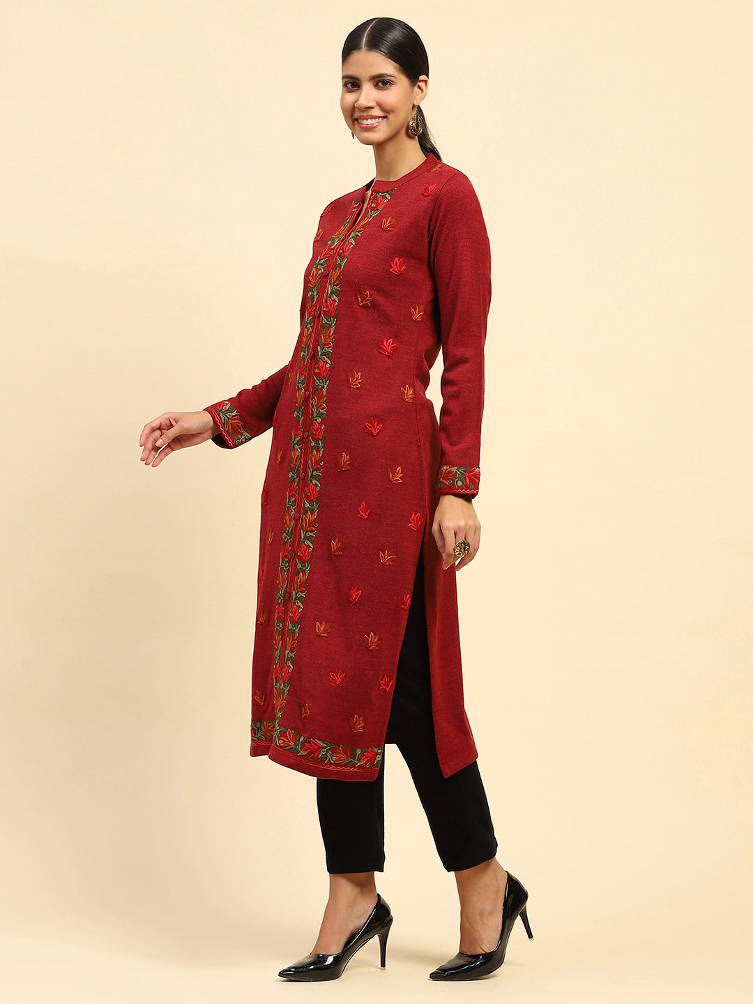 Carrot Orange WoolenThread Embroidered Notch Neck Kurta