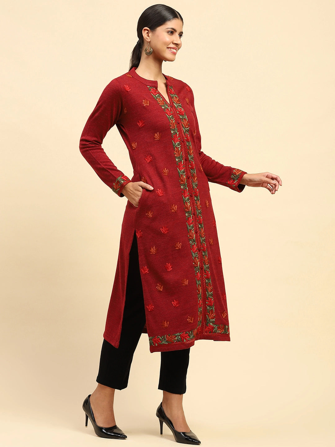 Carrot Orange WoolenThread Embroidered Notch Neck Kurta